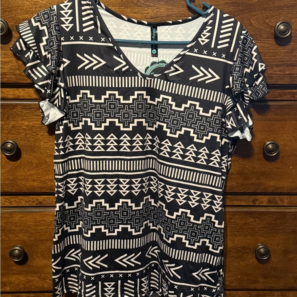 Aztec Patterned Black and White V-Neck Top